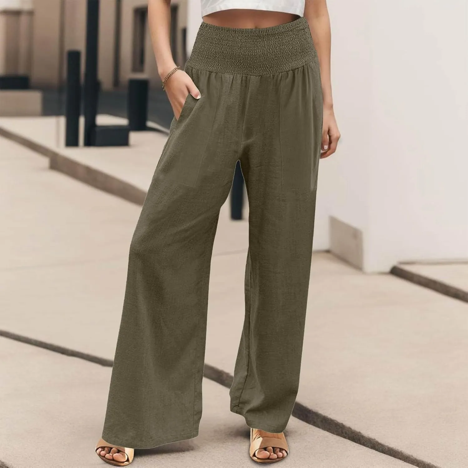 GOFULY Summer Linen Pants Women Wide Leg Cute High Rise Palazzo Pants Elastic Waist 2025 Beach Comfy Solid Clothes Pocket