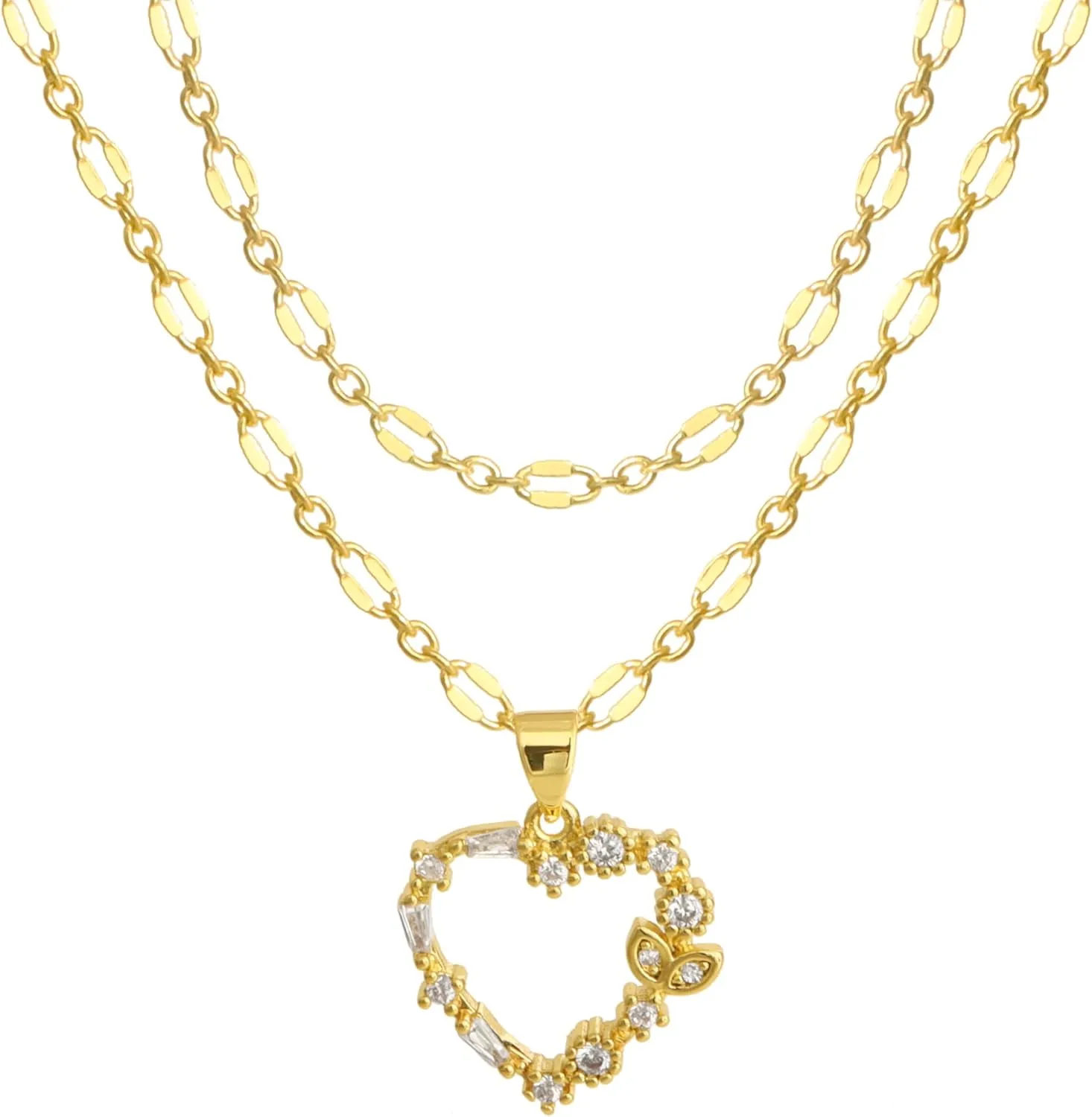 Gold Heart Necklaces for Women Trendy 14k Gold Plated Charm Cubic Zirconia Love Heart Pendant Layered Double Necklace Stack Trendy Jewelry Gifts