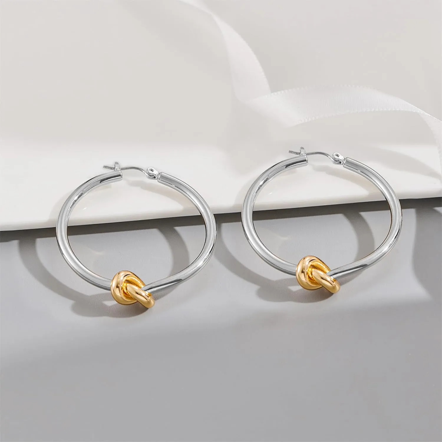 Gold Hoop Earrings for Women 18K Gold Plated Knot Hoop Earrings Statement Lightweight Thick Trendy Small Gold Open Hoops Fashion Jewelry