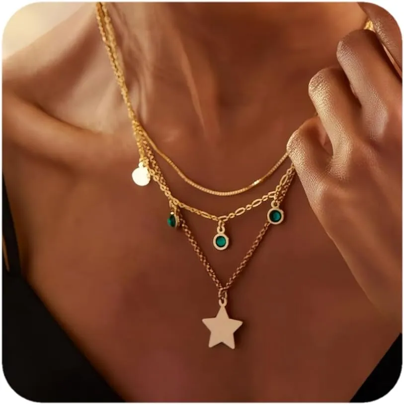 Gold Layered Choker Necklace for Women - Star Charm Chain Set with Cubic Zirconia, Dainty Stackable Multilayer Jewelry