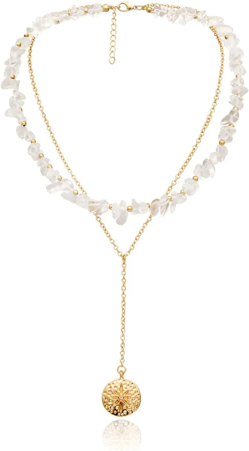 Gold Layered Necklaces for Women, Dainty Layered Choker Necklace Geometric Bead Pendant Chain Necklaces Women Jewelry, 2 Layers, Gold, 49CM