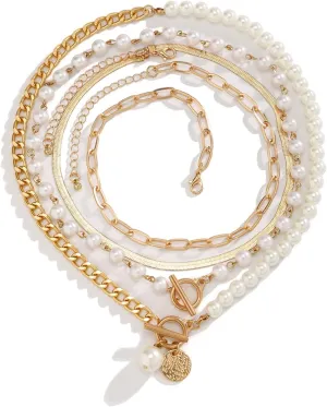 Gold Layered Necklaces for Women Pearl Paperclip Chain Stack Choker Necklaces Country Concert Outfits Accessories