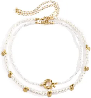 Gold Womens Necklace,Alloy Necklaces Double Layer Chain with Pearls Womens Chain Necklaces Gold