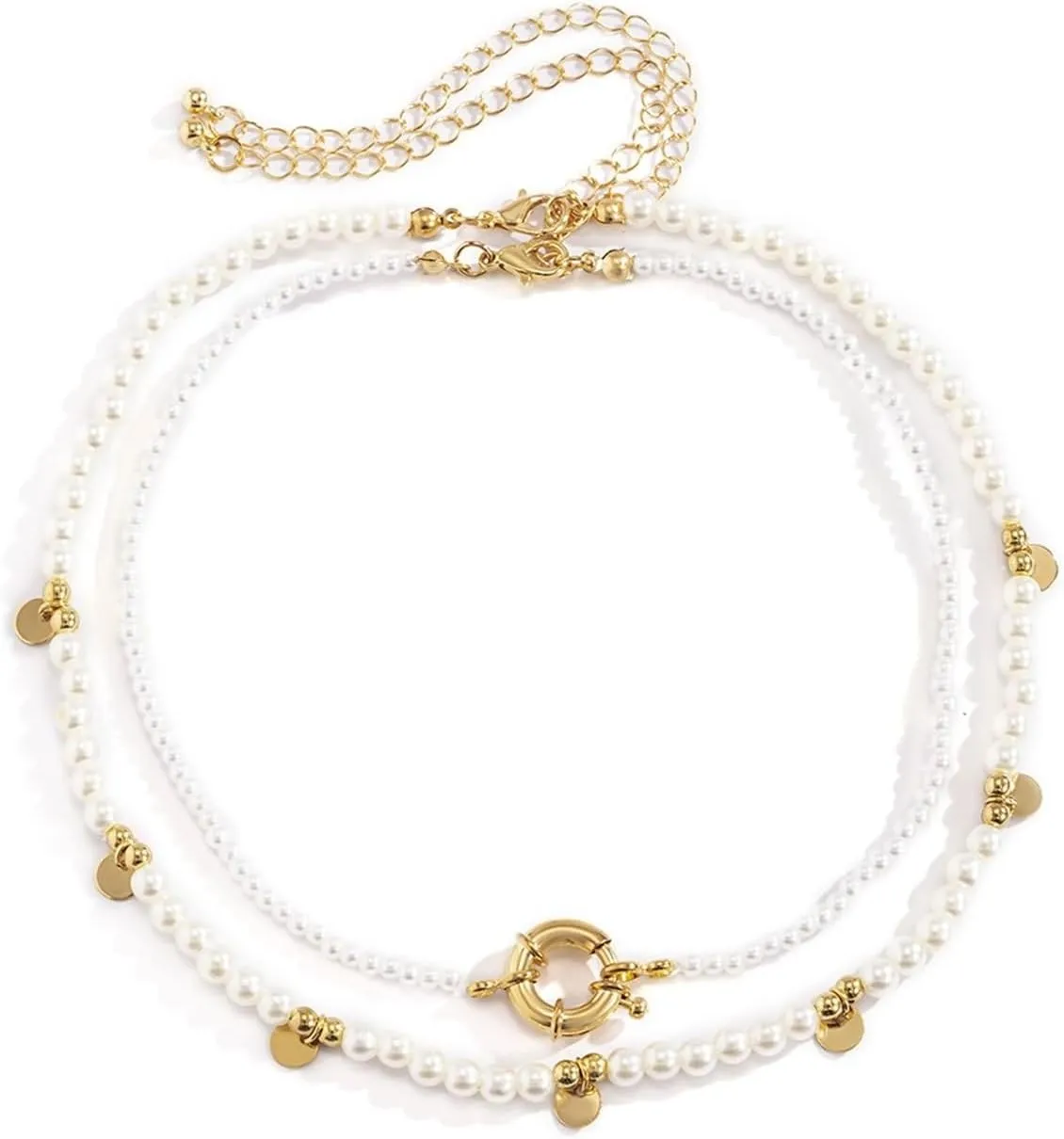 Gold Womens Necklace,Alloy Necklaces Double Layer Chain with Pearls Womens Chain Necklaces Gold