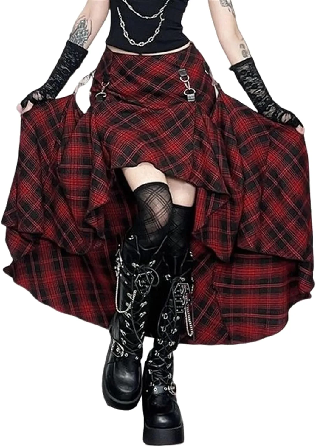 Goth Asymmetrical Midi Skirt Women Hi Low Punk Plaid Y2k Fairy 90s Flowy
