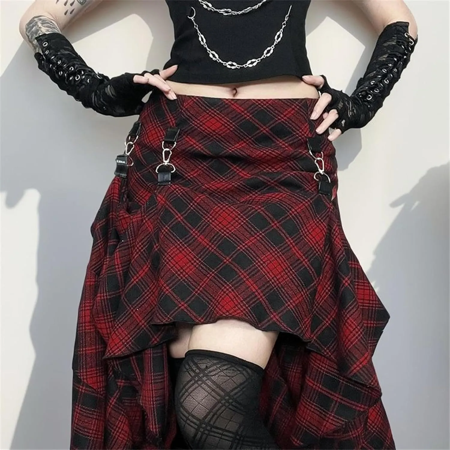 Goth Asymmetrical Midi Skirt Women Hi Low Punk Plaid Y2k Fairy 90s Flowy