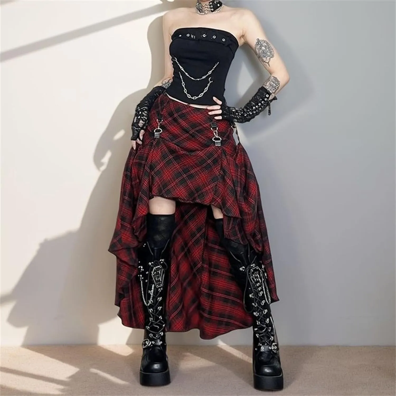 Goth Asymmetrical Midi Skirt Women Hi Low Punk Plaid Y2k Fairy 90s Flowy