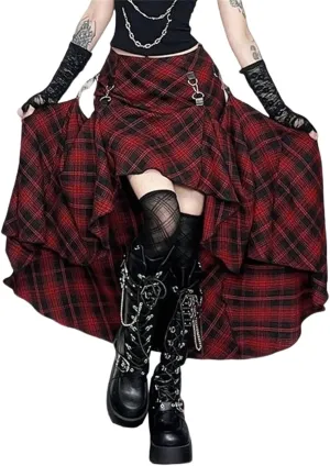 Goth Asymmetrical Midi Skirt Women Hi Low Punk Plaid Y2k Fairy 90s Flowy