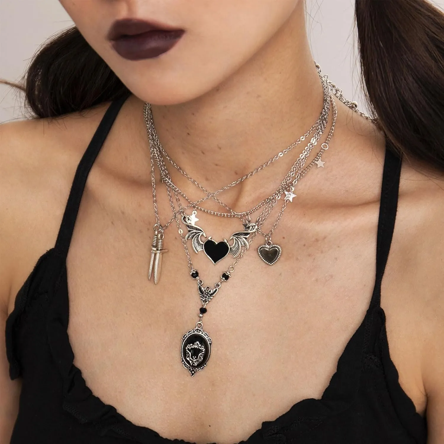 Gothic Black Heart Layered Necklace Punk Sword Wing Star Chain Layered Necklace Hollow Butterfly Choker Necklace Halloween Accessories
