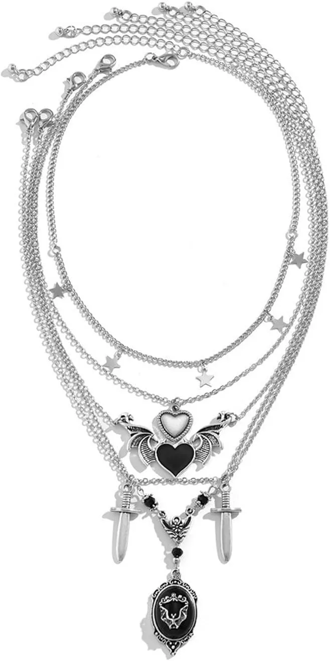 Gothic Black Heart Layered Necklace Punk Sword Wing Star Chain Layered Necklace Hollow Butterfly Choker Necklace Halloween Accessories