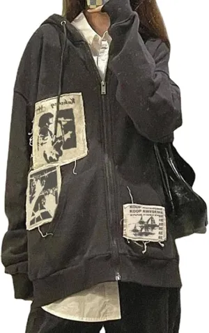 Gothic Zip Up Hoodies for Women Y2K Graphic Print Long Sleeve Oversized Sweatshirt Vintage Punk Rhinestones Jackets