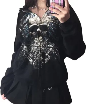 Gothic Zip Up Hoodies for Women Y2K Graphic Print Long Sleeve Oversized Sweatshirt Vintage Punk Rhinestones Jackets