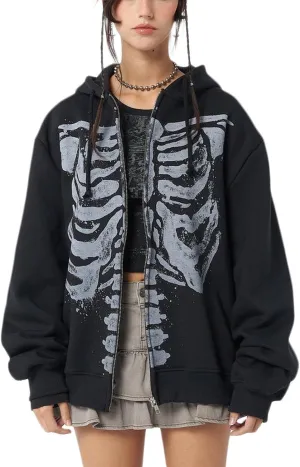 Gothic Zip Up Hoodies for Women Y2K Graphic Print Long Sleeve Oversized Sweatshirt Vintage Punk Rhinestones Jackets
