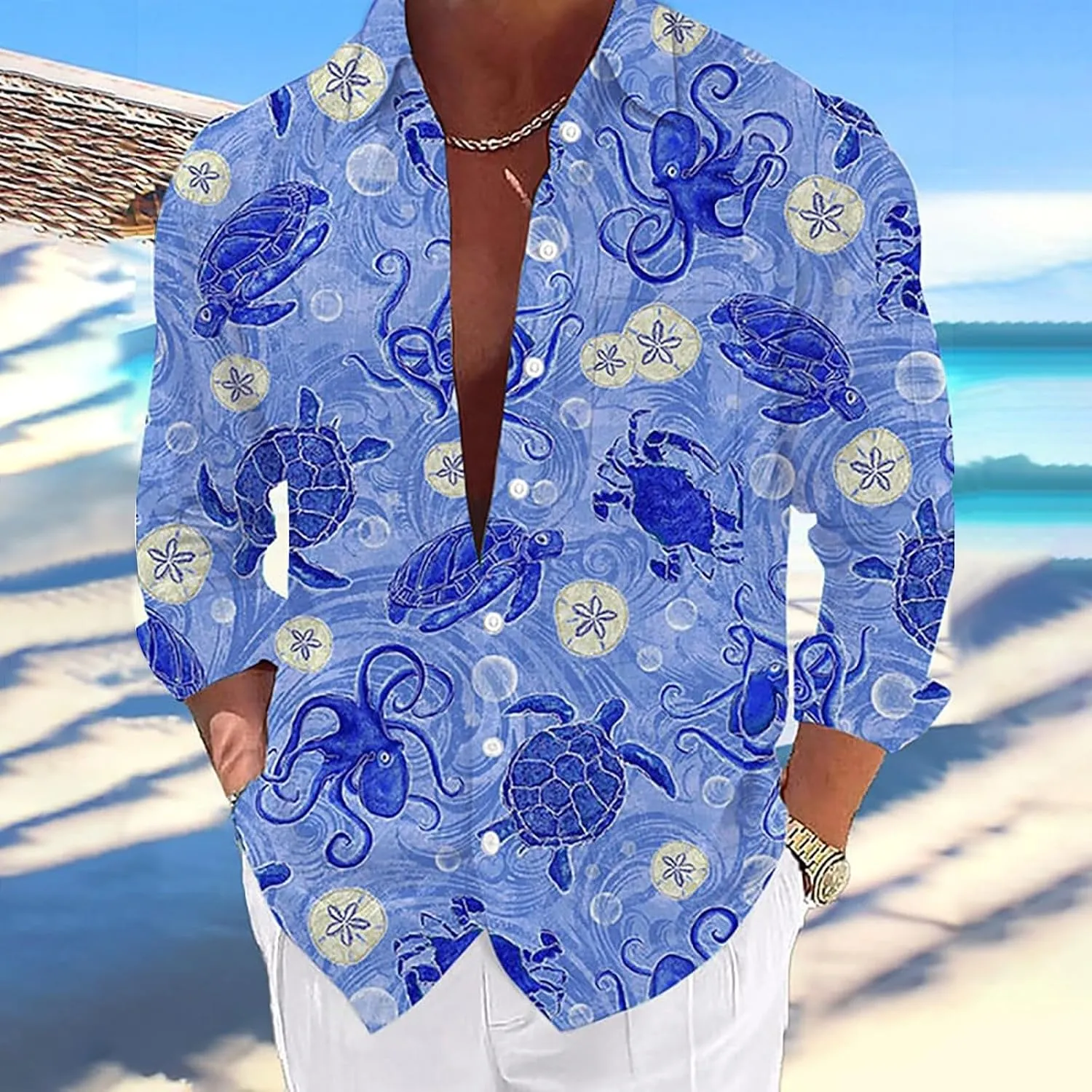 Graphic Button Down Tee Shirts for Men Long Sleeve Roll Up Wrinkle Free Summer Floral Turtle Print Vacation Tee Top