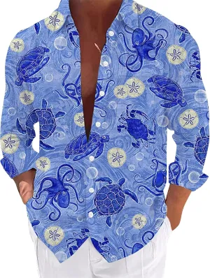 Graphic Button Down Tee Shirts for Men Long Sleeve Roll Up Wrinkle Free Summer Floral Turtle Print Vacation Tee Top