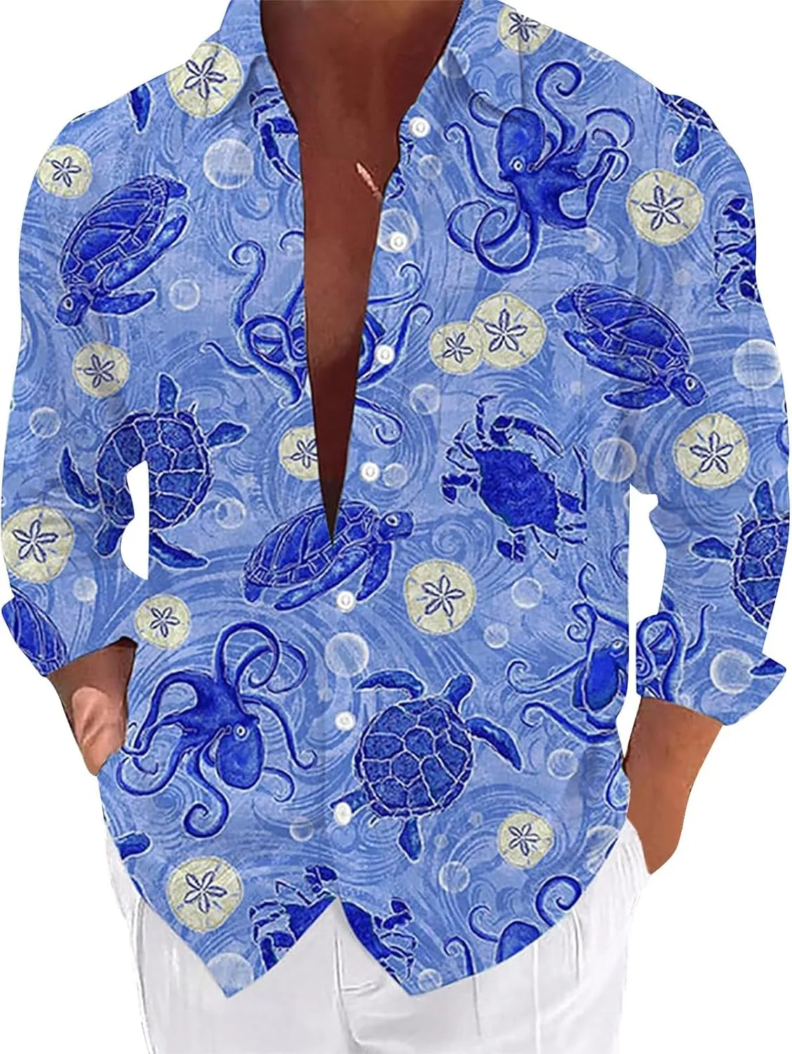 Graphic Button Down Tee Shirts for Men Long Sleeve Roll Up Wrinkle Free Summer Floral Turtle Print Vacation Tee Top