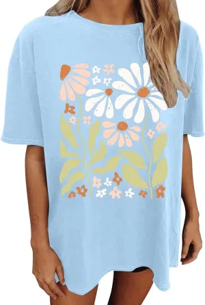 Graphic Tees for Teen Girls Oversized Boho Wildflowers Tshirt Vintage Floral Graphic Tees Summer Flower Tops