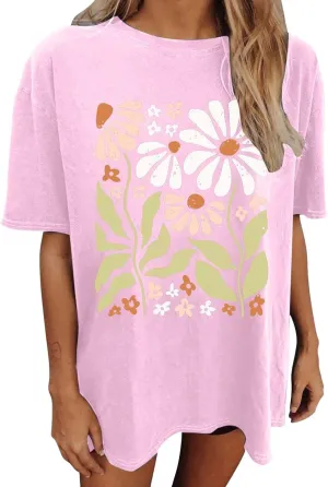 Graphic Tees for Teen Girls Oversized Boho Wildflowers Tshirt Vintage Floral Graphic Tees Summer Flower Tops