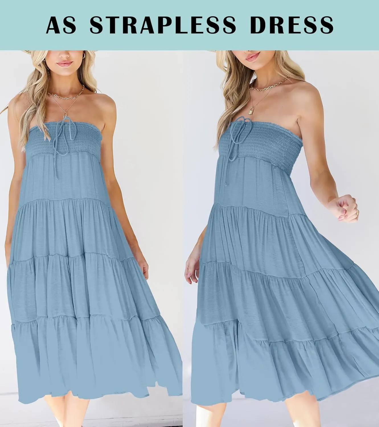 HAEOF Women's Summer Flowy Boho Maxi Skirt Trendy Smocked Waist Ruffle Tiered A Line Casual Beach Long Skirts Midi Dress