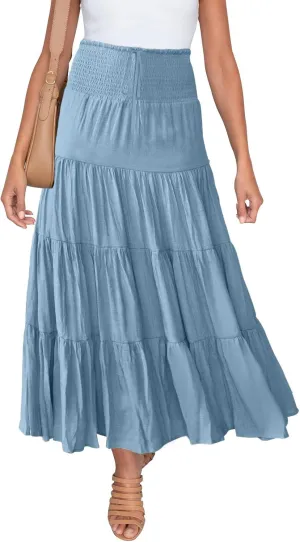 HAEOF Women's Summer Flowy Boho Maxi Skirt Trendy Smocked Waist Ruffle Tiered A Line Casual Beach Long Skirts Midi Dress