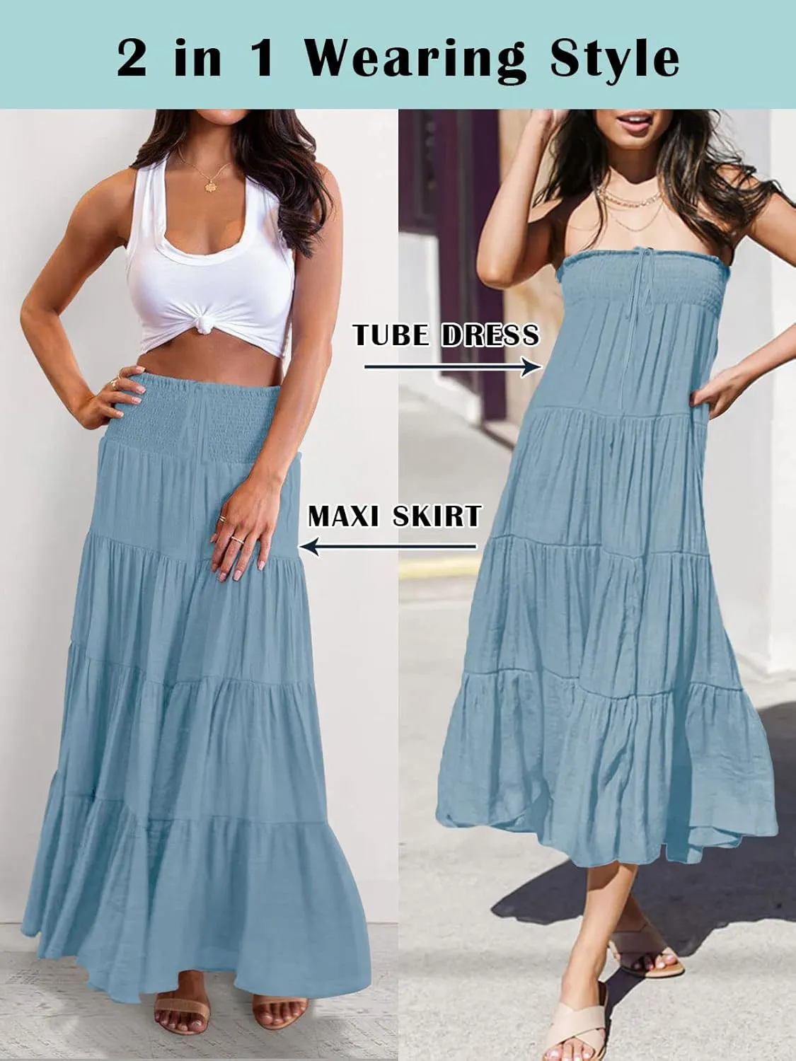 HAEOF Women's Summer Flowy Boho Maxi Skirt Trendy Smocked Waist Ruffle Tiered A Line Casual Beach Long Skirts Midi Dress