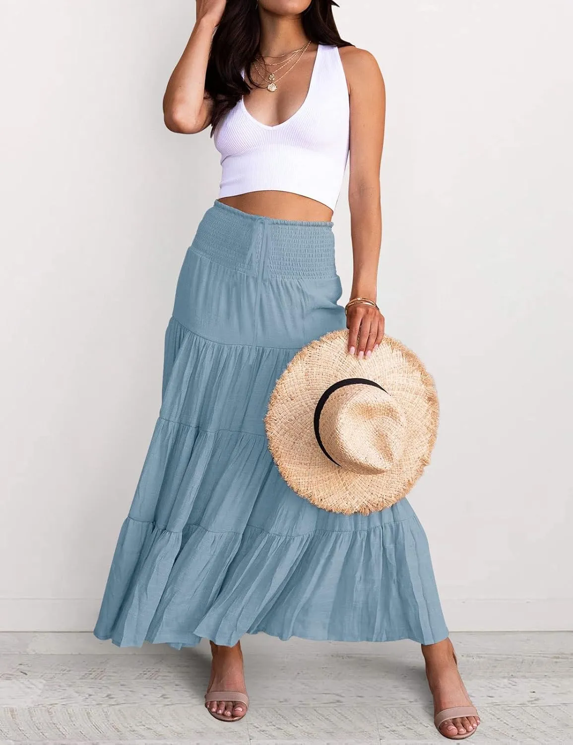 HAEOF Women's Summer Flowy Boho Maxi Skirt Trendy Smocked Waist Ruffle Tiered A Line Casual Beach Long Skirts Midi Dress