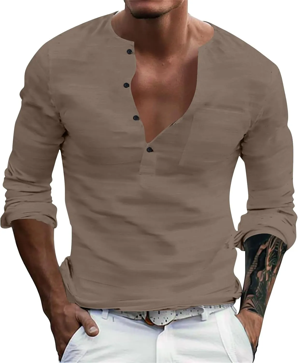 Henley Shirts for Men Long Sleeve Fitted Cotton Summer Casual V Neck Work Soft T Shirts Beach Vacation Basic Tees