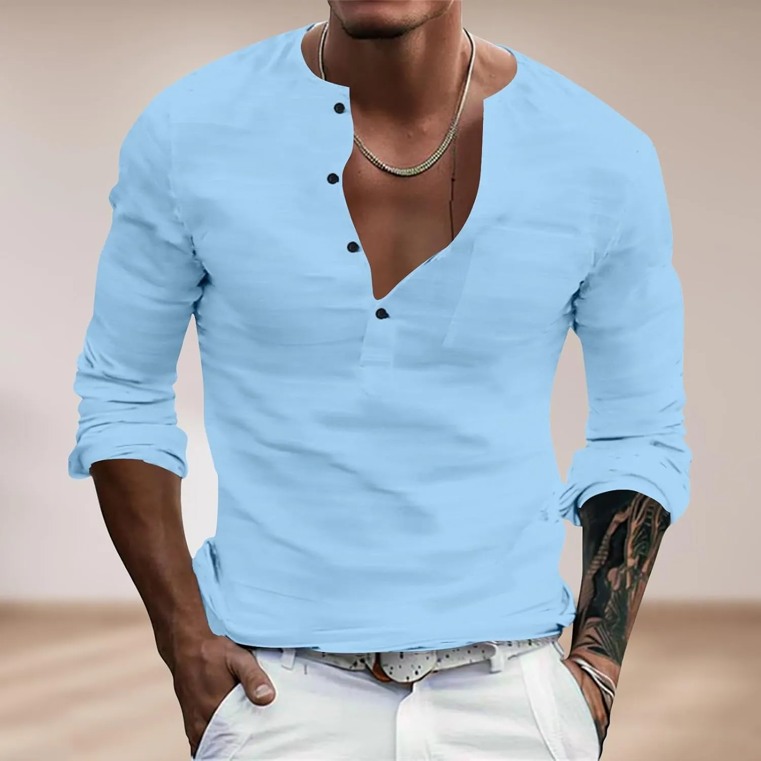 Henley Shirts for Men Long Sleeve Fitted Cotton Summer Casual V Neck Work Soft T Shirts Beach Vacation Basic Tees