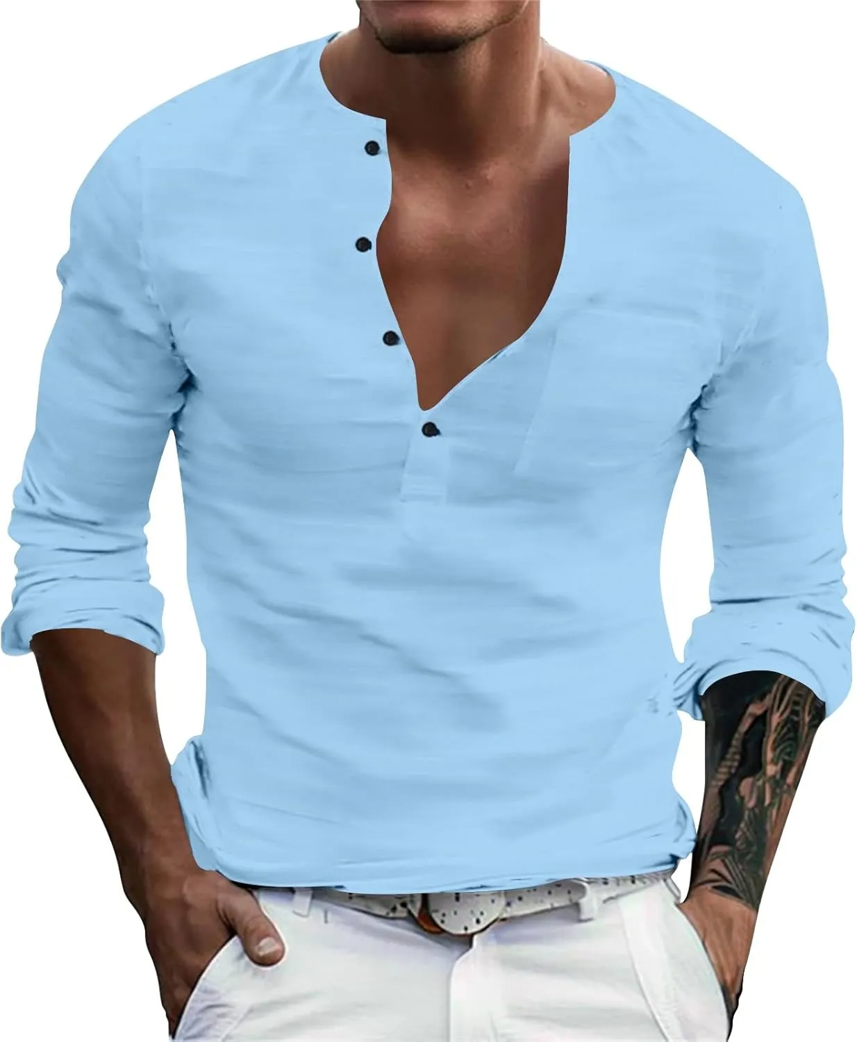 Henley Shirts for Men Long Sleeve Fitted Cotton Summer Casual V Neck Work Soft T Shirts Beach Vacation Basic Tees