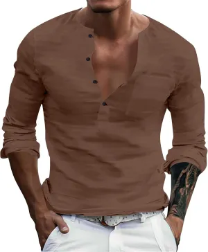 Henley Shirts for Men Long Sleeve Fitted Cotton Summer Casual V Neck Work Soft T Shirts Beach Vacation Basic Tees
