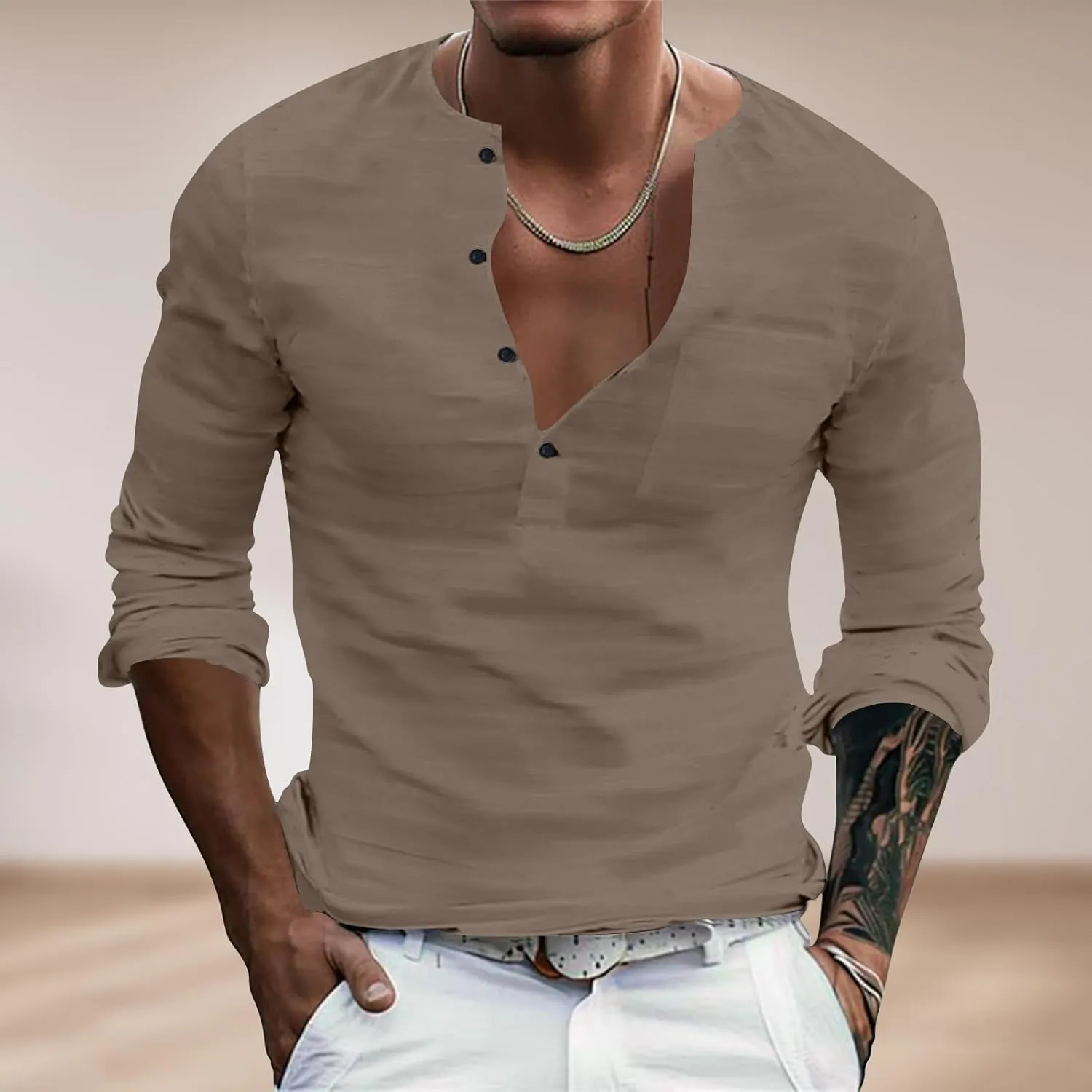 Henley Shirts for Men Long Sleeve Fitted Cotton Summer Casual V Neck Work Soft T Shirts Beach Vacation Basic Tees