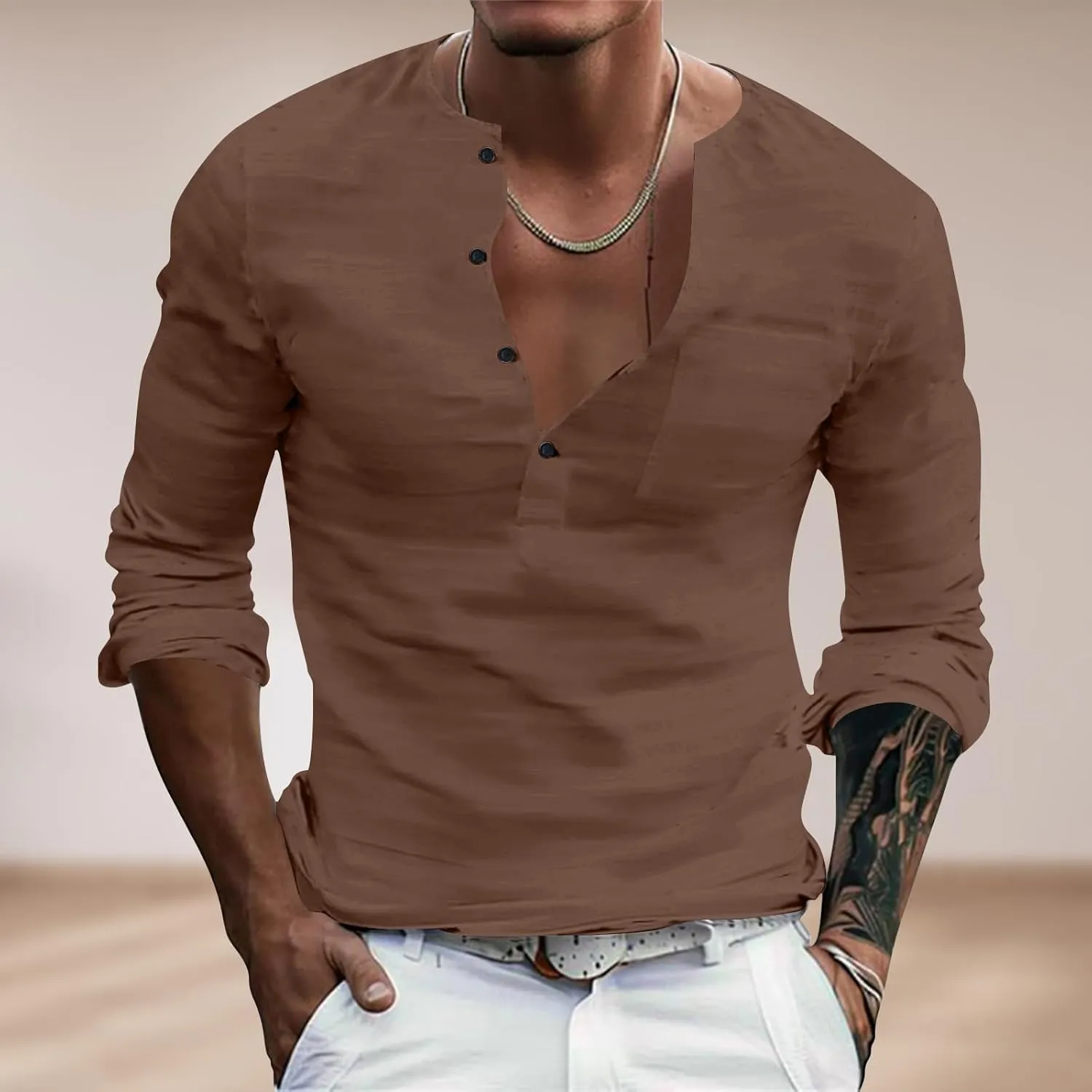 Henley Shirts for Men Long Sleeve Fitted Cotton Summer Casual V Neck Work Soft T Shirts Beach Vacation Basic Tees