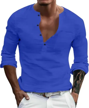 Henley Shirts for Men Long Sleeve Fitted Cotton Summer Casual V Neck Work Soft T Shirts Beach Vacation Basic Tees