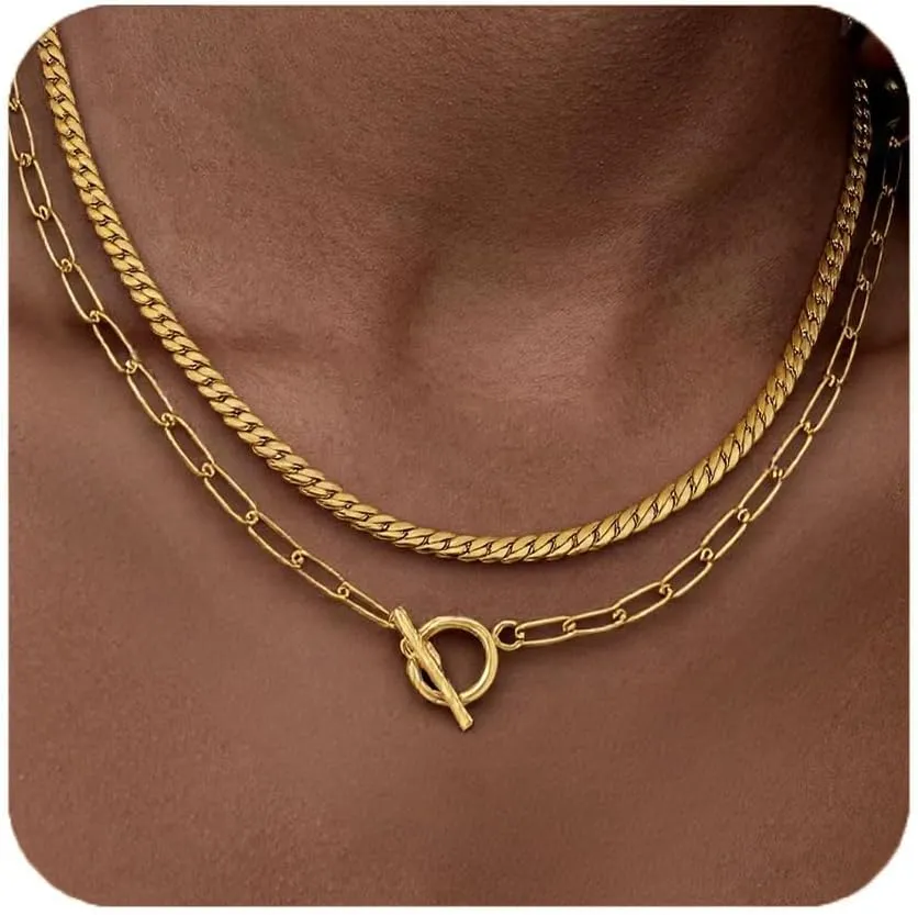 Herringbone Necklace for Women,14K Dainty Gold Layered Choker Necklaces Trendy Cuban Link Paperclip Chain Toggle Clasp Necklace Fashion Chunky Jewelry for Women