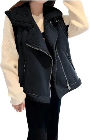 HGps8w Women's Suede Sherpa Lined Leather Vest Jacket Warm Winter Zip Up Sleeveless Lambwool Fur Coat with Pockets