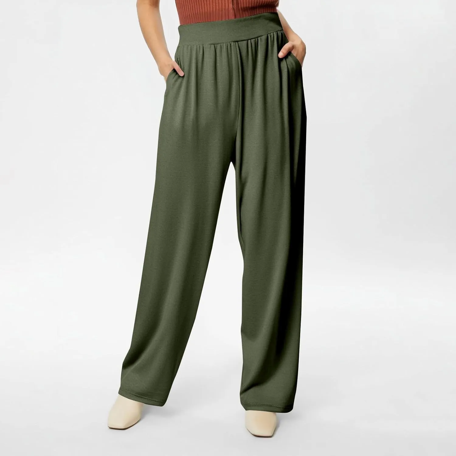 High Waisted Trousers Women Flowy Long Wide Leg Sweatpants Loose Fit Pleated Pull On Vacation Trousers with Pockets