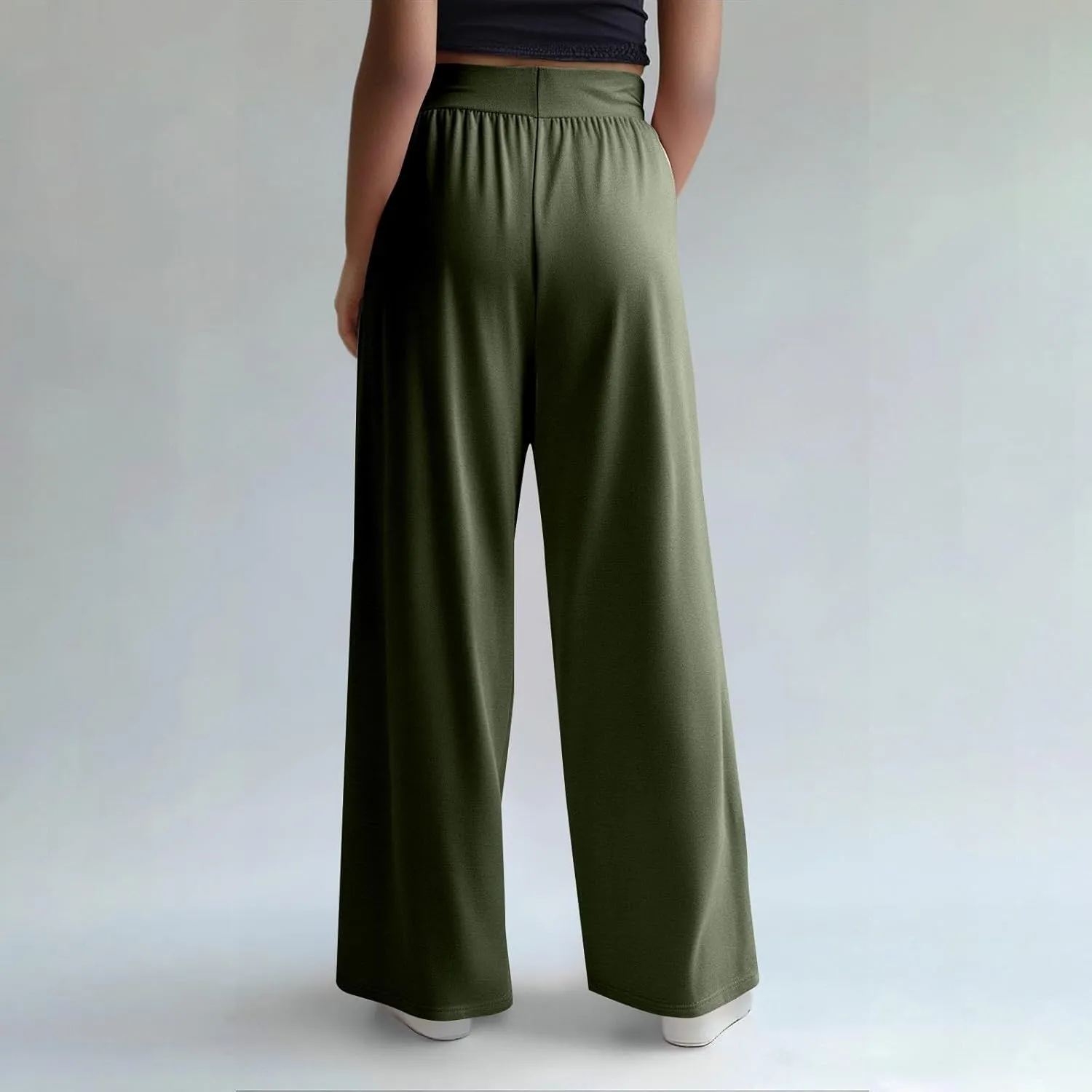 High Waisted Trousers Women Flowy Long Wide Leg Sweatpants Loose Fit Pleated Pull On Vacation Trousers with Pockets