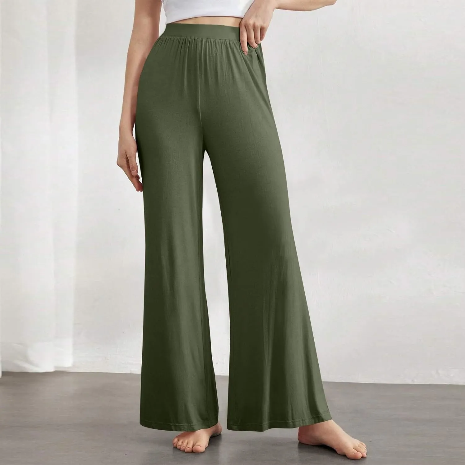 High Waisted Trousers Women Flowy Long Wide Leg Sweatpants Loose Fit Pleated Pull On Vacation Trousers with Pockets