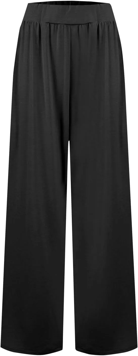 High Waisted Trousers Women Flowy Long Wide Leg Sweatpants Loose Fit Pleated Pull On Vacation Trousers with Pockets