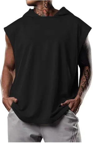 Hooded Tank Tops for Men Sleeveless Cut Off Summer Workout T Shirt Muscle Bodybuilding Gym Hoodies Loose Fit Tees