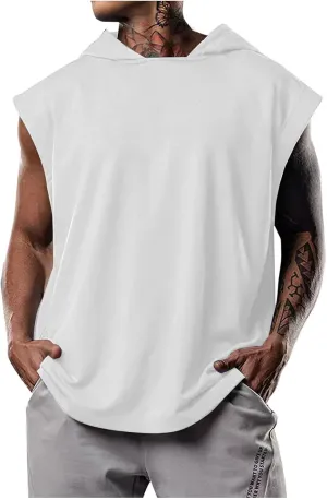 Hooded Tank Tops for Men Sleeveless Cut Off Summer Workout T Shirt Muscle Bodybuilding Gym Hoodies Loose Fit Tees