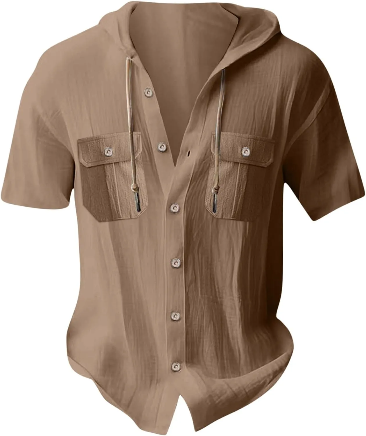 Hoodies Mens Linen Shirts Casual Hooded Button Down Shirt with 2 Pockets Short Sleeve Summer Beach Hippie Shirts Tops