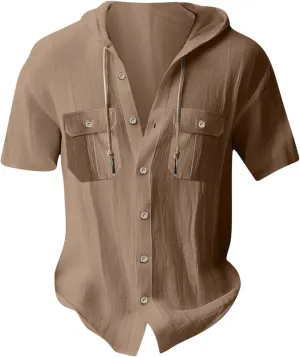 Hoodies Mens Linen Shirts Casual Hooded Button Down Shirt with 2 Pockets Short Sleeve Summer Beach Hippie Shirts Tops