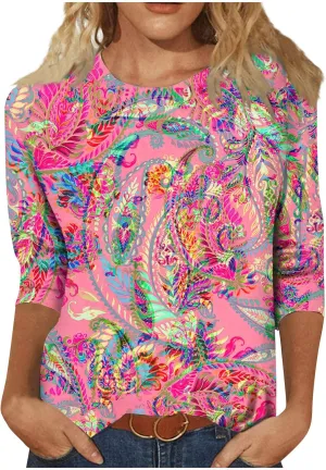 HTHLVMD Womens 3/4 Length Sleeve Tops 2025 Spring Summer Floral Print Crewneck Causal Trendy Tunic Tops for Women