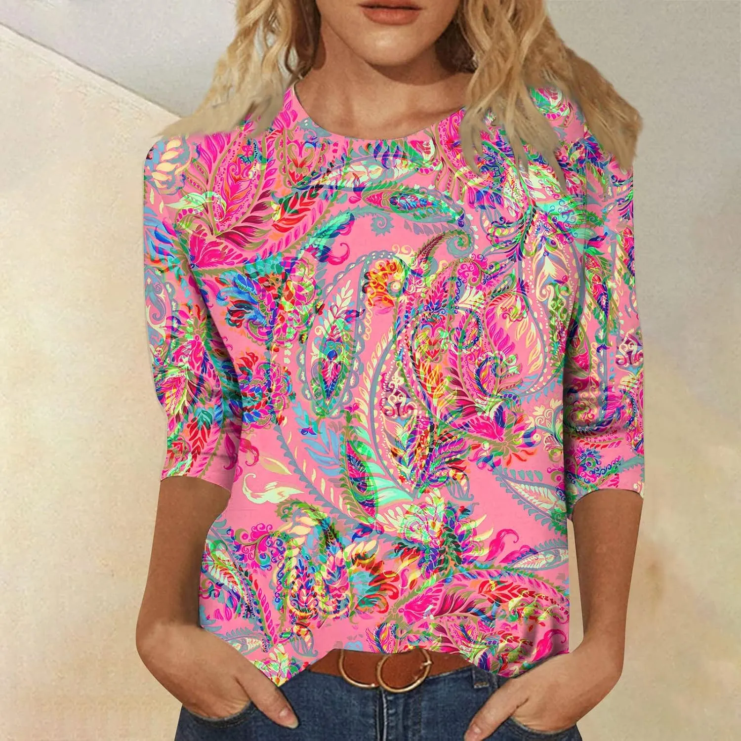 HTHLVMD Womens 3/4 Length Sleeve Tops 2025 Spring Summer Floral Print Crewneck Causal Trendy Tunic Tops for Women