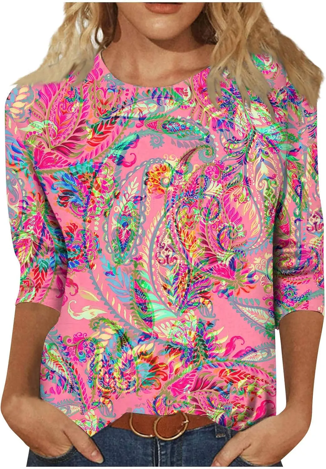 HTHLVMD Womens 3/4 Length Sleeve Tops 2025 Spring Summer Floral Print Crewneck Causal Trendy Tunic Tops for Women