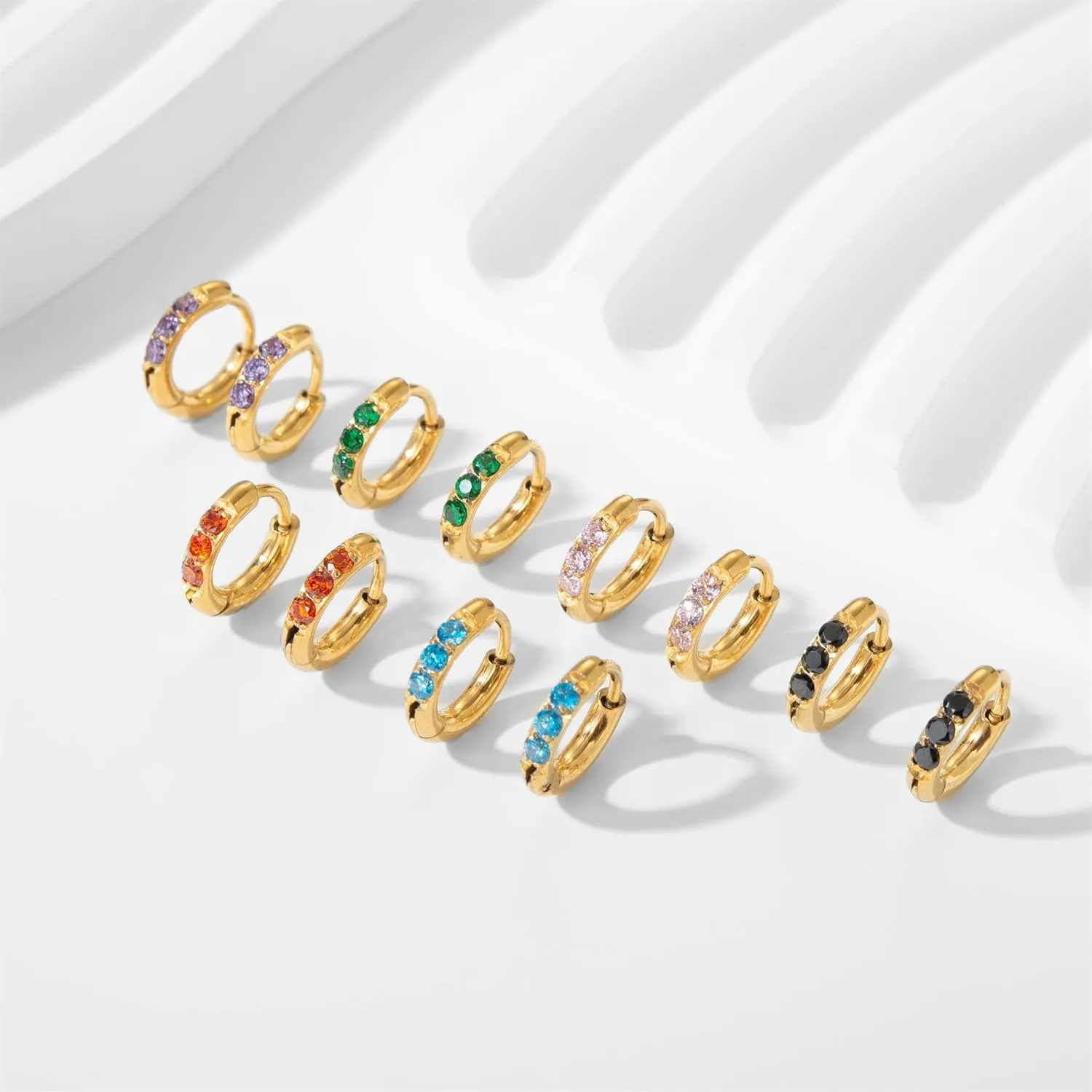 Hypoallergenic Unisex Surgical Steel Small Cubic Zirconia Huggie Hoop Earring, Color Gold - Silver - Rose Gold - Black - Rainbow, Size 6mm- 12mm Safe for Sensitive Ear