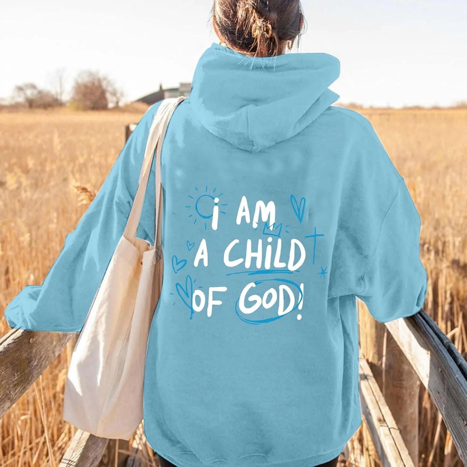 I Am A Child of God Sweatshirt for Women Trendy Letter Print Long Sleeve Hoodie Oversized Casual Drawstring Sweatshirts