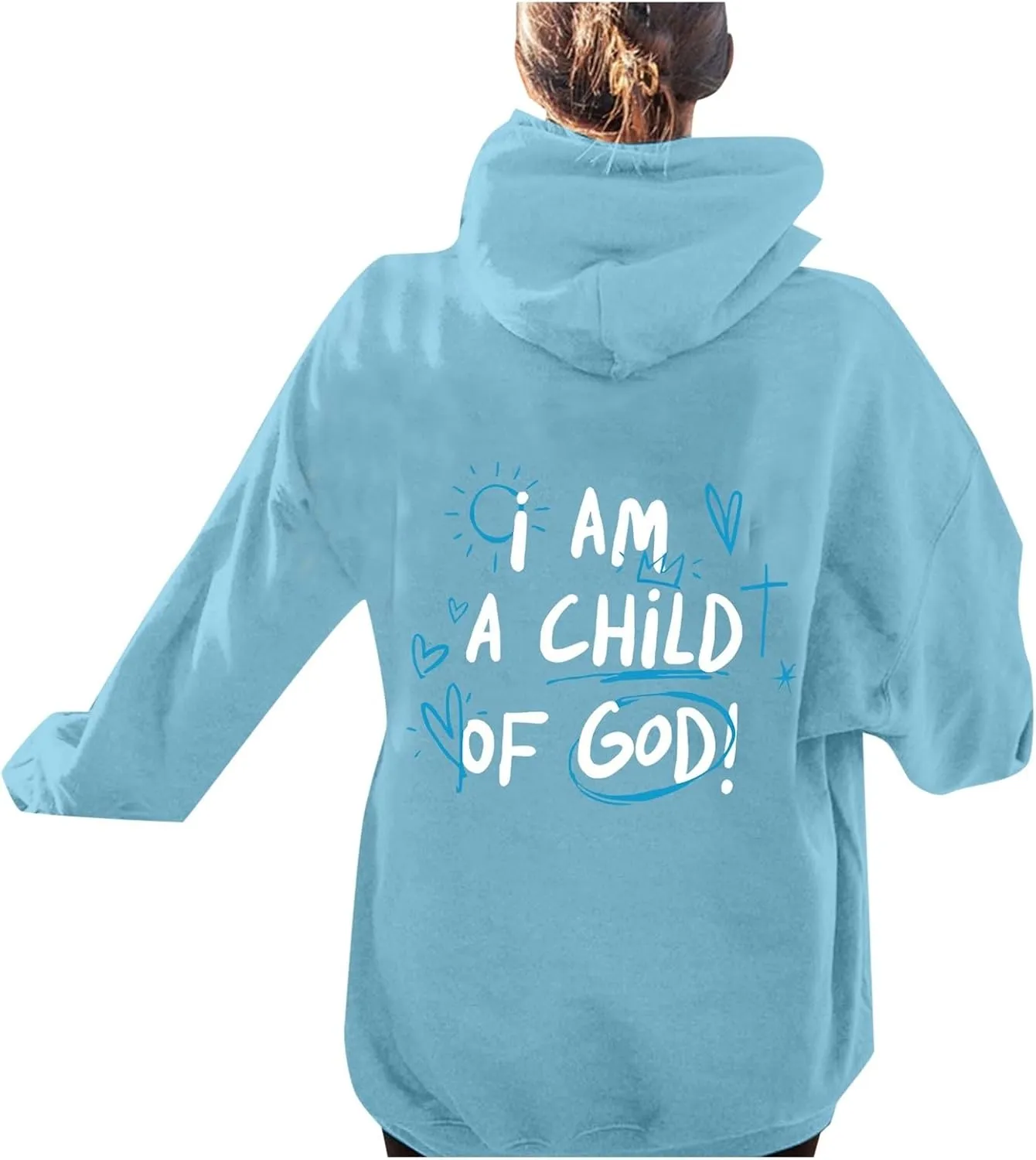 I Am A Child of God Sweatshirt for Women Trendy Letter Print Long Sleeve Hoodie Oversized Casual Drawstring Sweatshirts