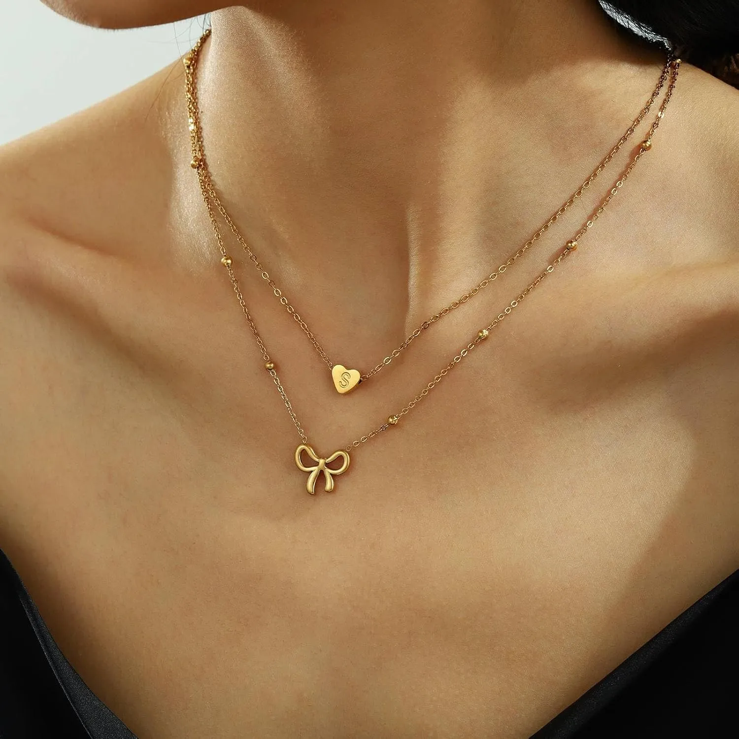 Initial Necklace for Women Layered Bow and Heart Necklace Non Tarnish Letter Necklace A-Z Trendy Gold Plated Necklace Cute Dainty Charm Jewelry